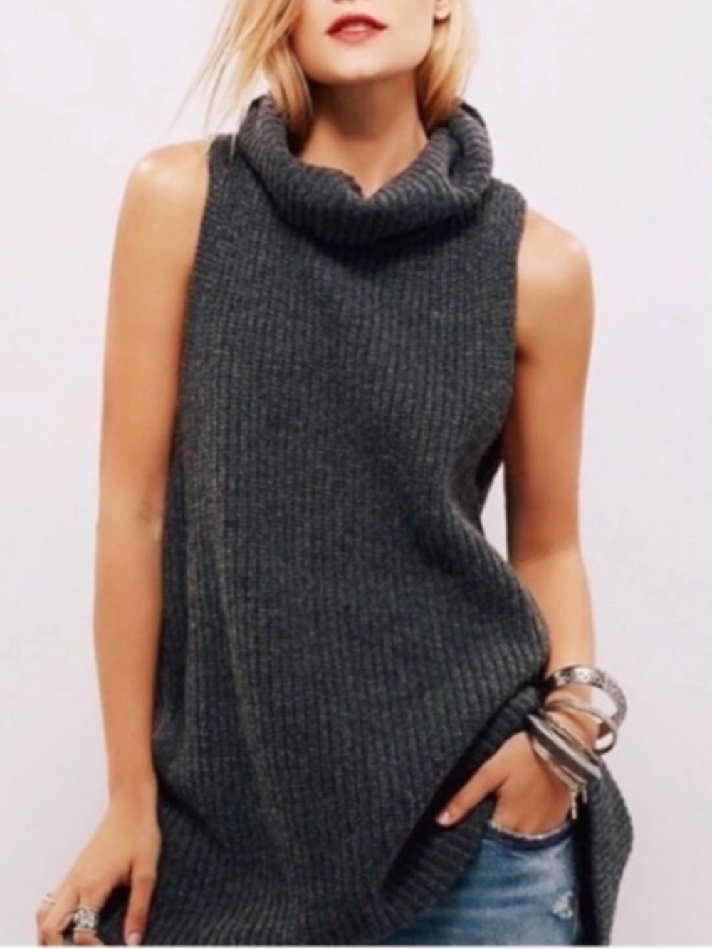 Free People Need It Now Lambswool Knit Vest Cowl Neck | Charcoal Gray | Small